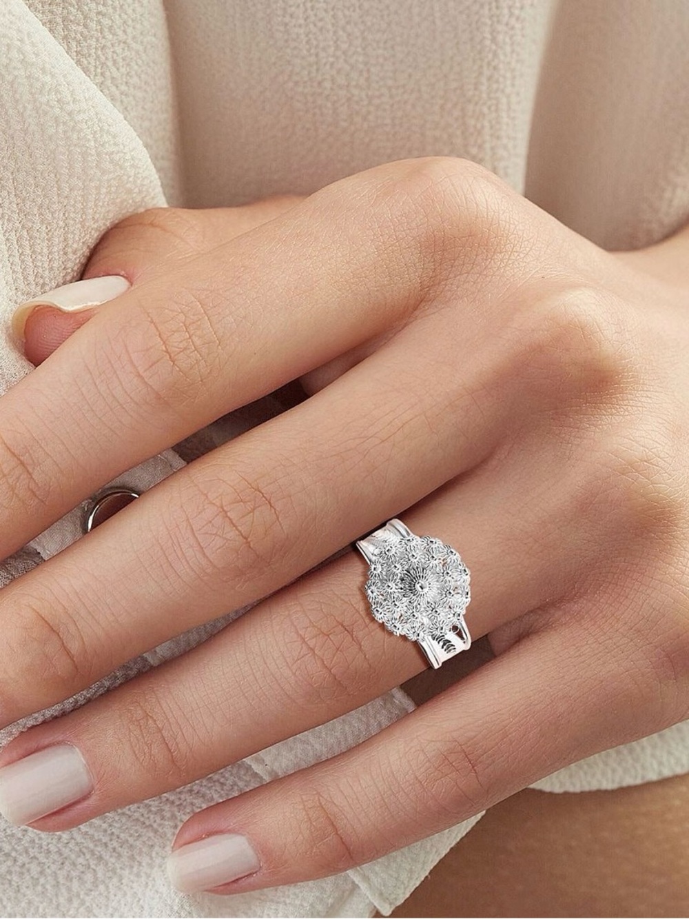 Sterling Silver Floral Filigree Statement Ring - Silver
